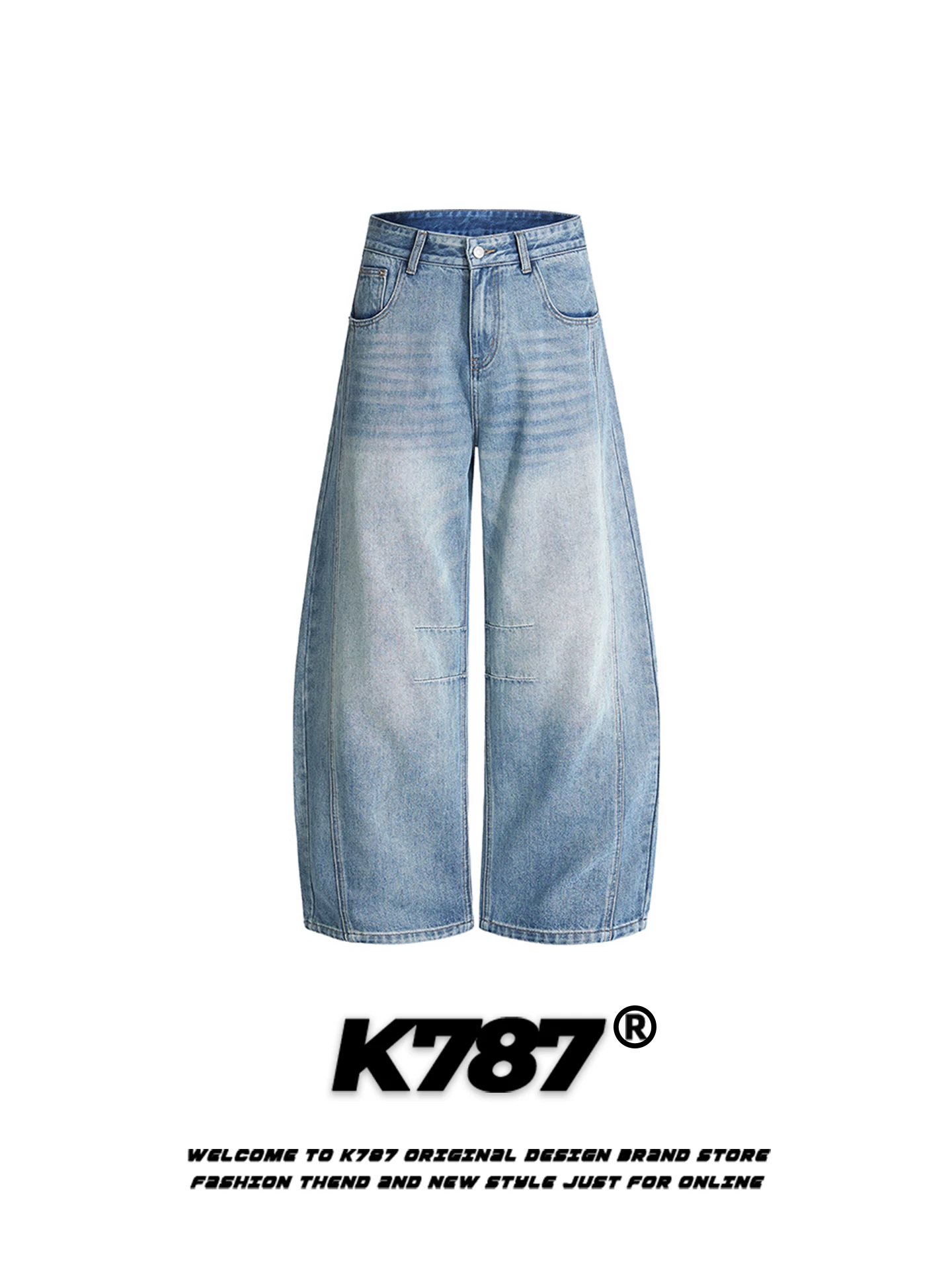 Quần jeans denim kiểu Mỹ cổ điển K787, dáng rộng, cạp cao, ống rộng, đường may lộ, phong cách đường phố, dành cho nam và nữ