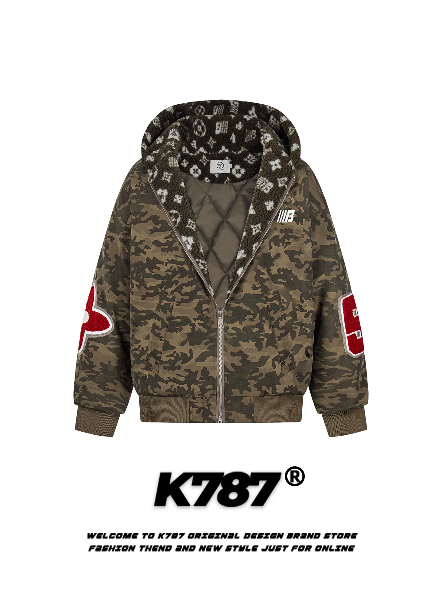 K787 Áo khoác cotton có mũ trùm đầu thêu nhung theo xu hướng quốc gia cổ điển của Mỹ dành cho nam và nữ, áo khoác cotton mùa đông rộng rãi, dày dặn, ấm áp.