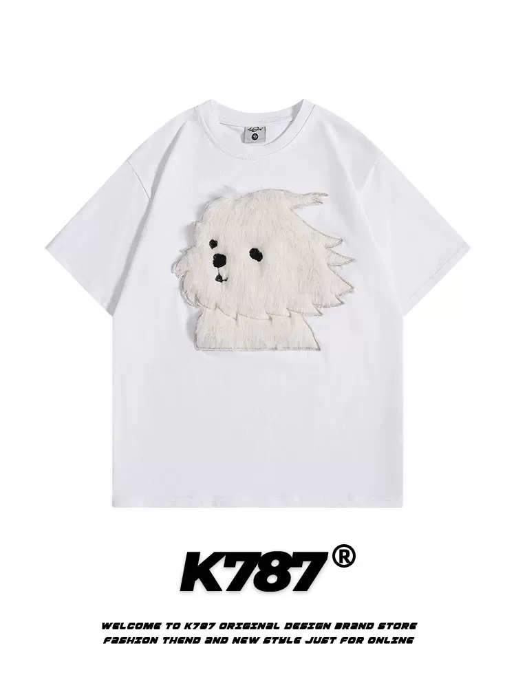 K787 Fun Dog Flocking Áo thun thêu tay ngắn Unisex American Retro College Style 2025 Mùa hè cặp đôi hàng đầu