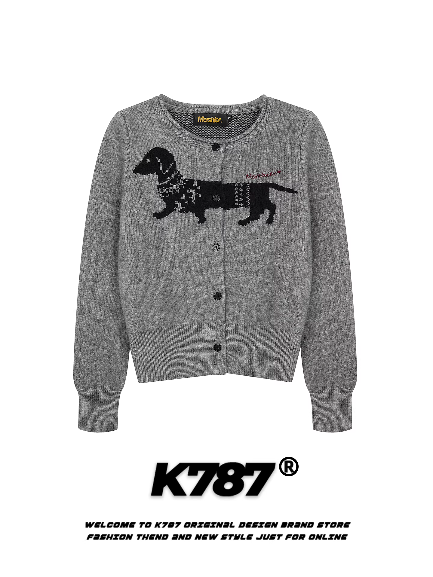 Áo len cardigan hình chó dachshund cổ điển kiểu Mỹ K787 dành cho nữ, giảm tuổi tác, phong cách lười biếng, áo khoác dệt kim ngắn ngọt ngào