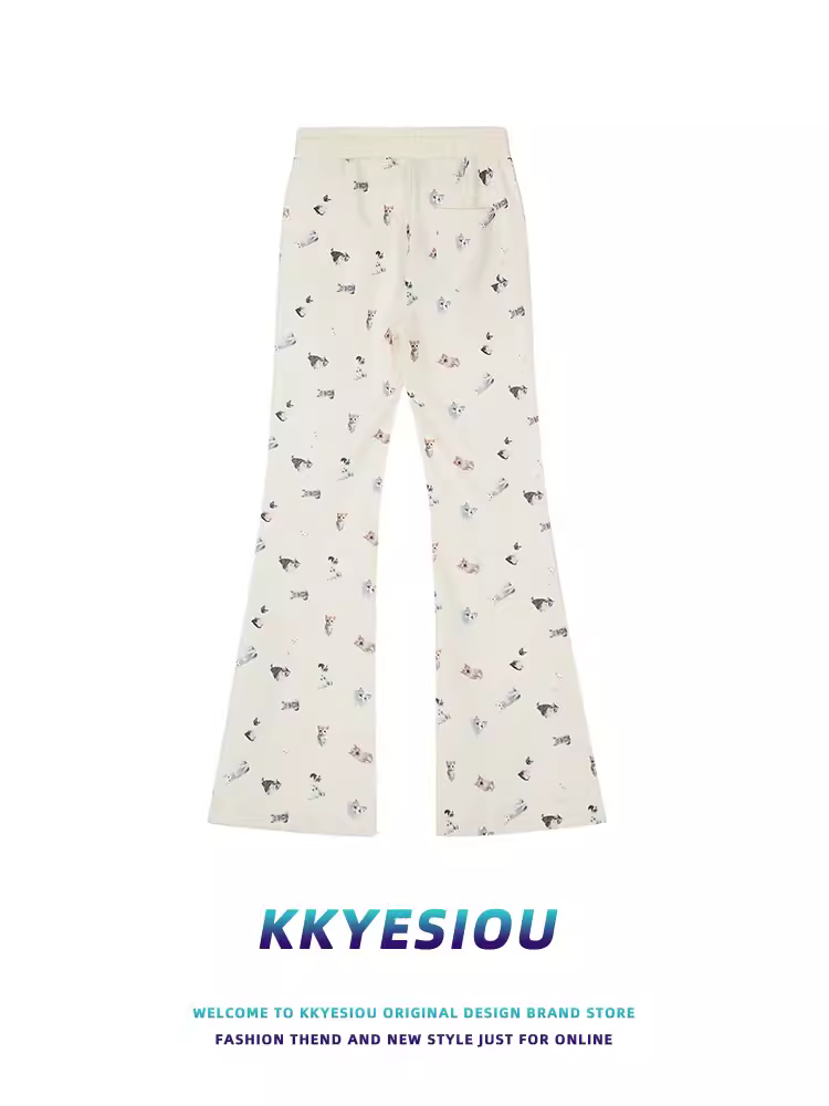 Quần âu dáng rộng kiểu Nhật KKyesiou dành cho nam và nữ với họa tiết mèo và chó hoạt hình vui nhộn, quần ống thẳng phong cách học sinh