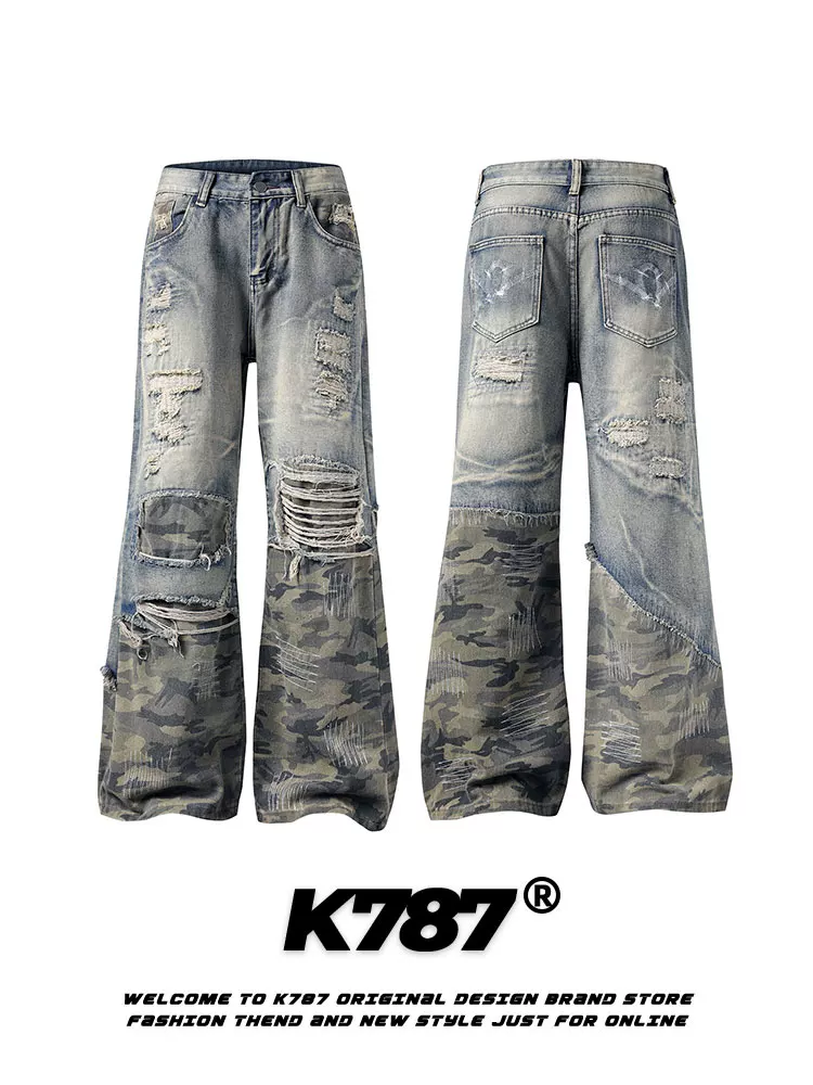 Quần jeans unisex dáng rộng, cạp cao, ống thẳng, phong cách hip-hop, họa tiết rằn ri phối vải vụn kiểu retro Mỹ K787