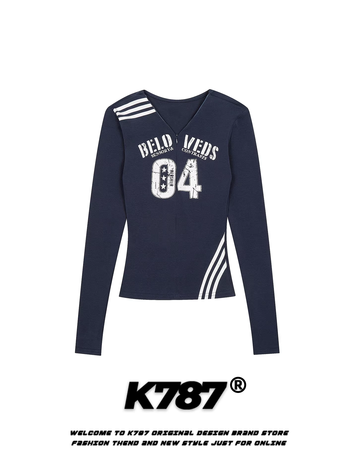 Áo thun nữ K787 kiểu đường phố Mỹ, in kỹ thuật số, cổ V, tay dài, dáng ôm, gợi cảm, năng động, kiểu dáng thường nhật.