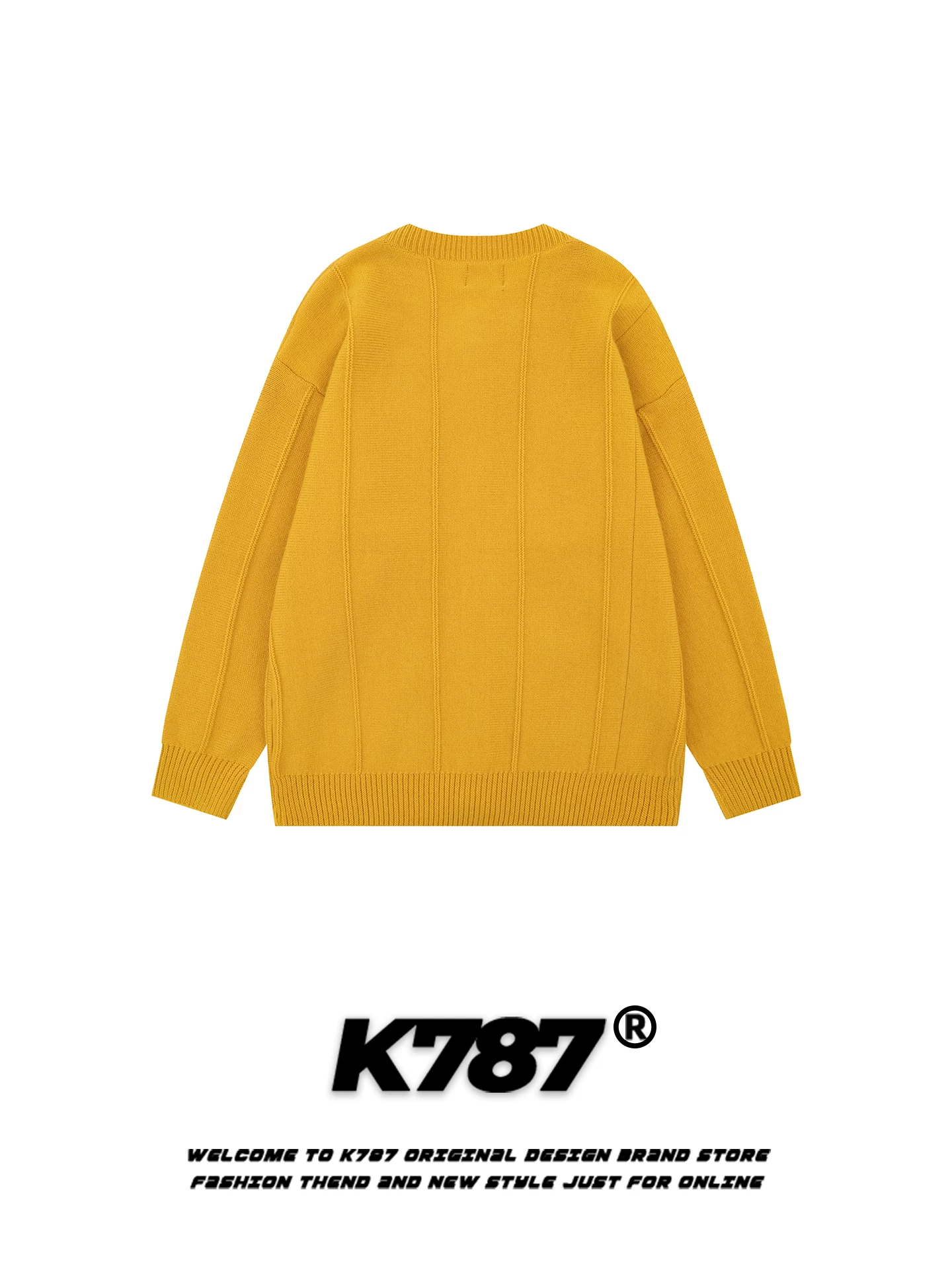 Áo cardigan len dệt kim dáng rộng ấm áp màu nghệ tây, cổ tròn, thêu chữ kiểu Mỹ, unisex, thời trang, mã K787