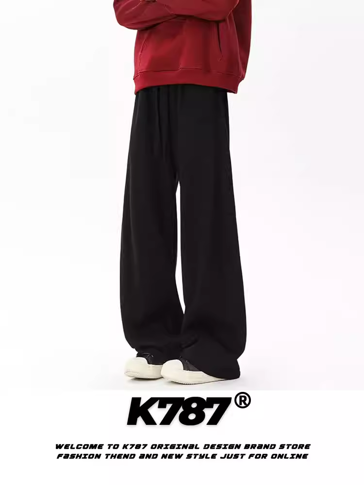 Quần thể thao nam K787 kiểu Mỹ cổ điển, màu trơn, dáng rộng, thoải mái, cạp cao, phong cách hip-hop, có dây rút, ống thẳng