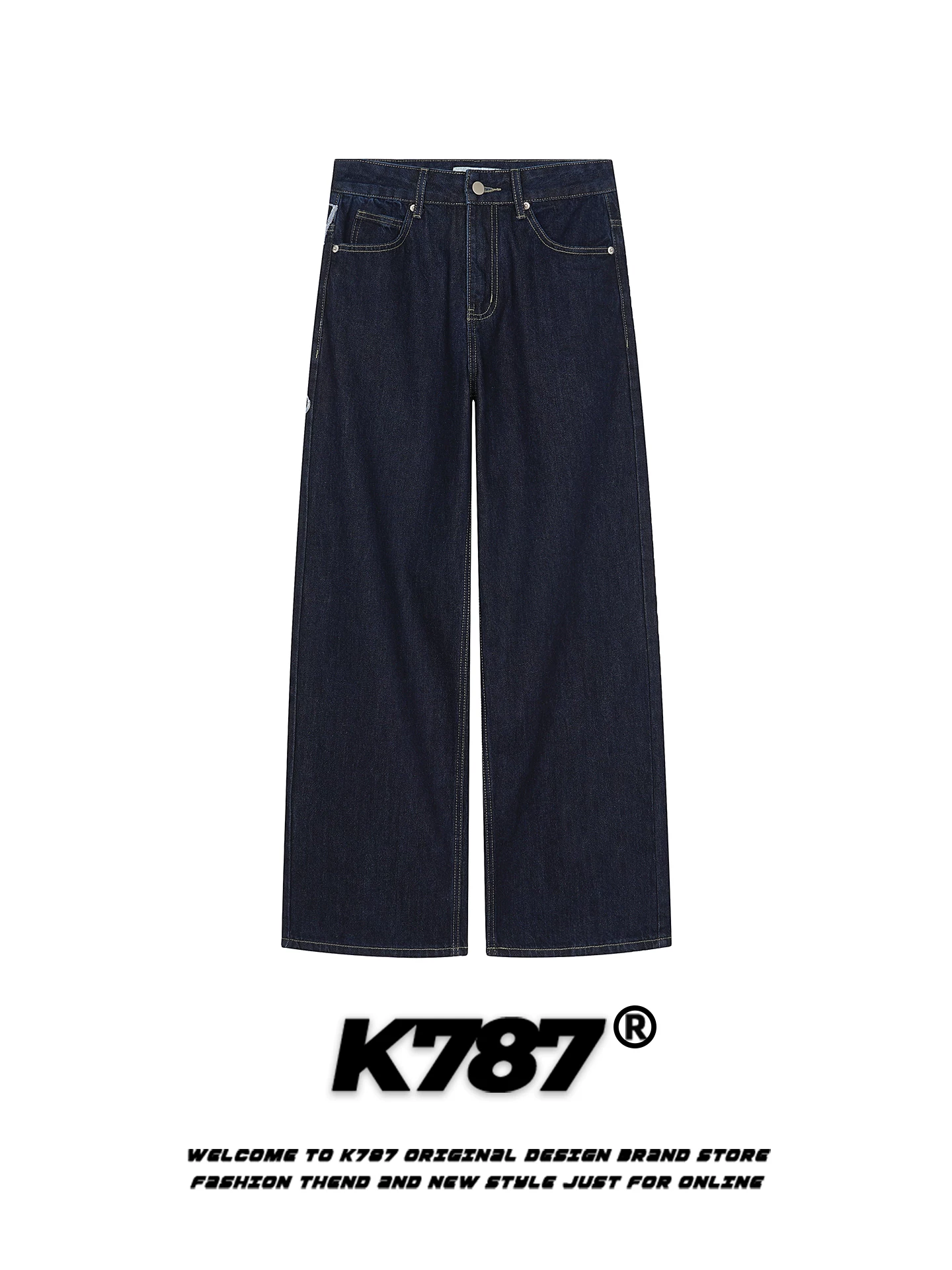 Quần jeans K787 kiểu Mỹ cổ điển, thêu chữ ở hông, unisex, dáng xuông rộng, cạp cao, màu gốc, đa năng, phong cách thường ngày