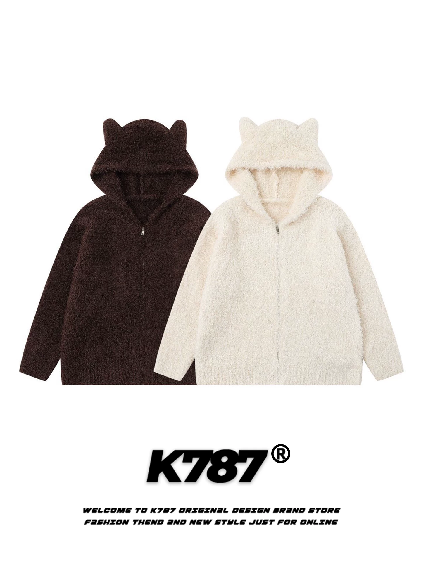 Áo len cardigan có mũ trùm đầu kiểu retro Mỹ K787 dành cho nam và nữ, áo khoác ngắn dáng rộng màu mơ có tai mèo