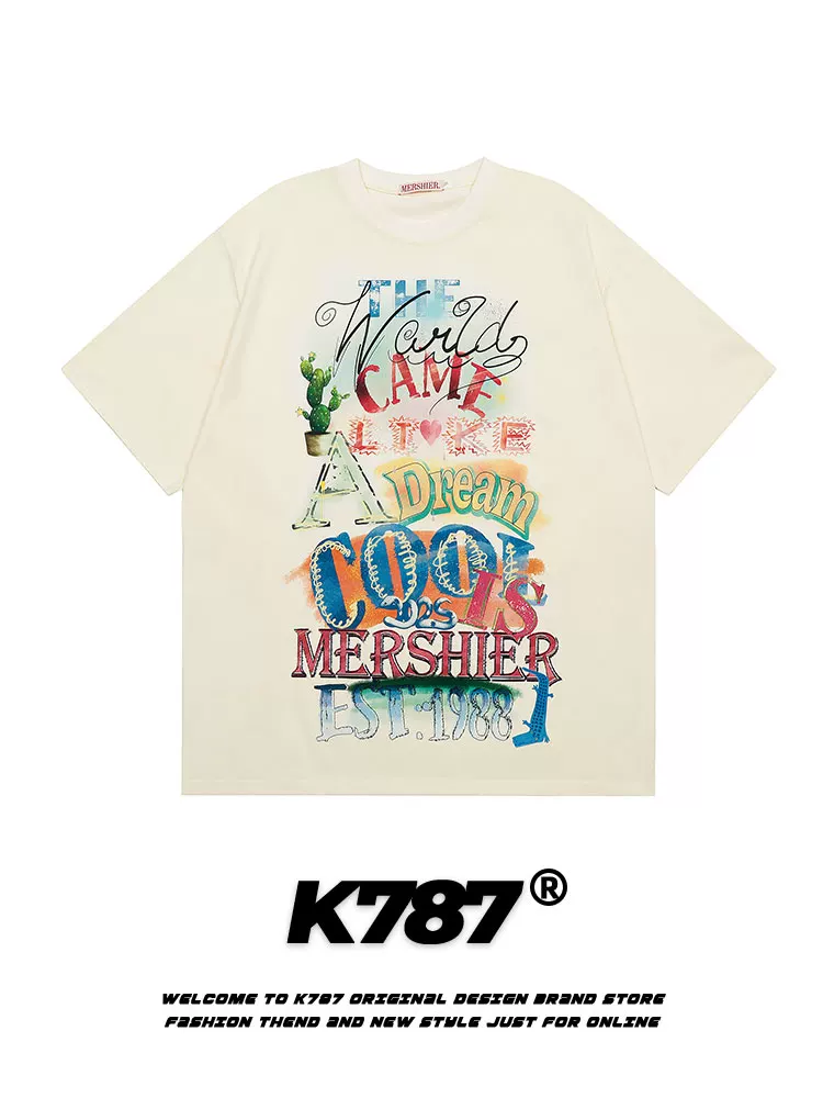 K787 Áo thun ngắn tay in họa tiết phun sơn theo phong cách retro của Mỹ dành cho nam và nữ, áo thun dáng rộng đa năng phong cách hip-hop dành cho cặp đôi