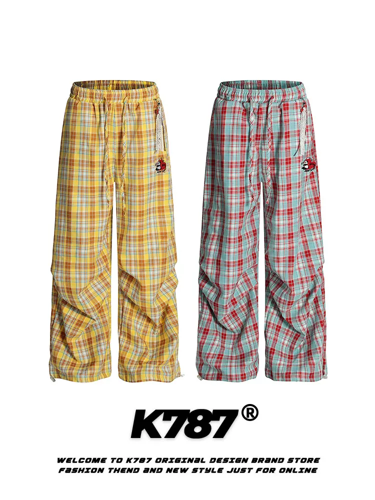 Quần âu unisex kiểu Mỹ cổ điển, phối màu, thêu, chắp vá, kẻ ca rô, dáng rộng, cạp cao, ống thẳng, phong cách đường phố, mã K787