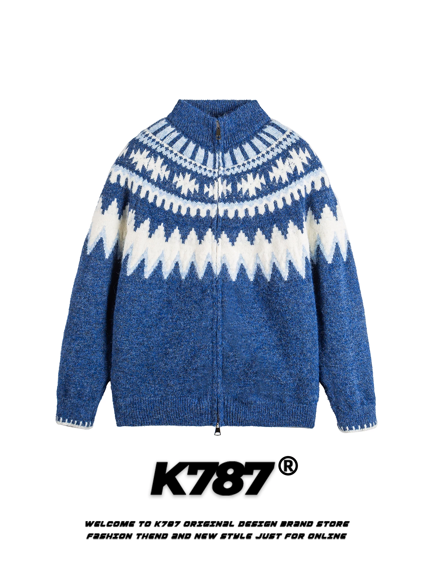 Áo len cardigan cổ đứng phối màu phong cách đường phố Mỹ K787 dành cho nam và nữ, kiểu dáng rộng rãi và thoải mái.