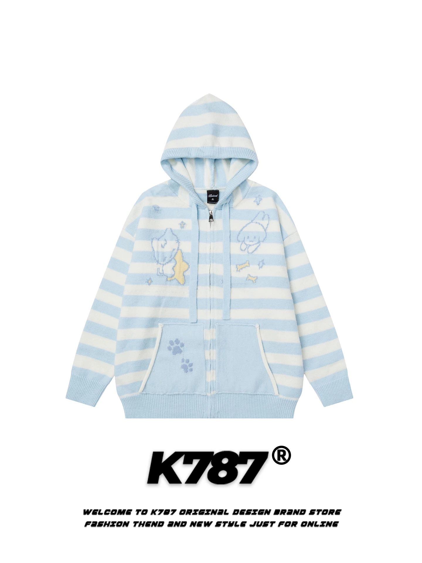 K787 cô gái ngọt ngào phong cách lười biếng hoạt hình áo len có mũ trùm đầu sọc unisex áo khoác dệt kim thông thường giảm tuổi tác