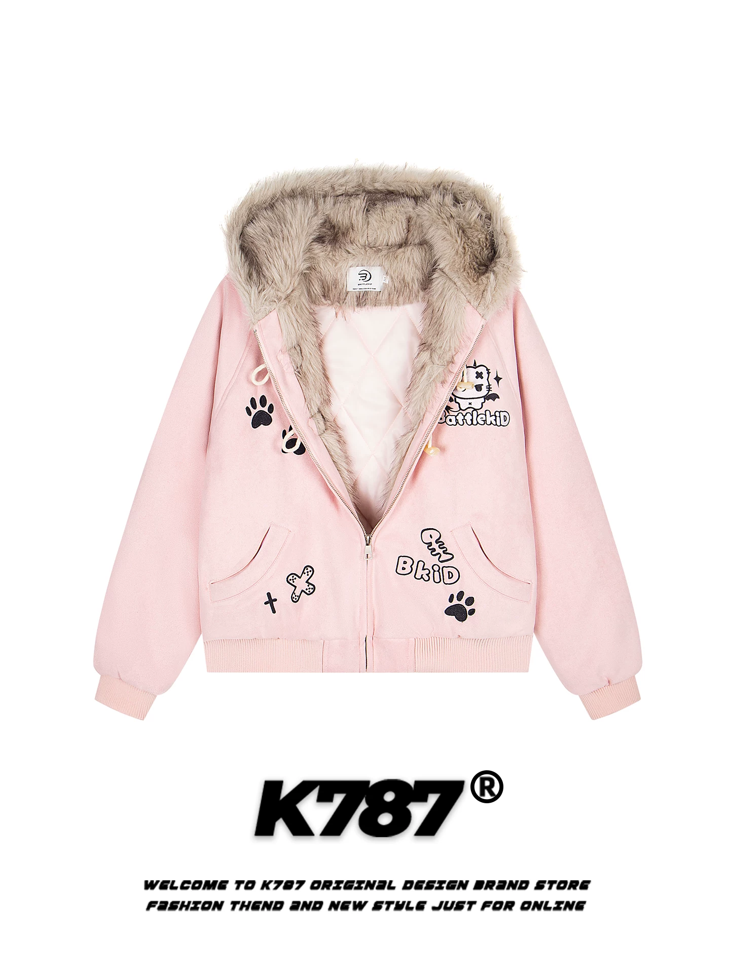 K787 Áo khoác cotton có mũ trùm đầu cổ lông theo xu hướng quốc gia kiểu Mỹ dành cho nam và nữ, dáng rộng, dày dặn, ấm áp, áo khoác cotton màu hồng cho mùa đông.