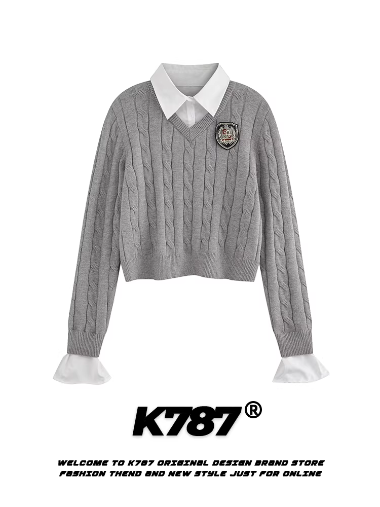 Áo len nữ kiểu Mỹ hai mảnh giả, phong cách đường phố, ngắn, thêu Nhật Bản cổ điển, cổ V, chất liệu dệt kim K787