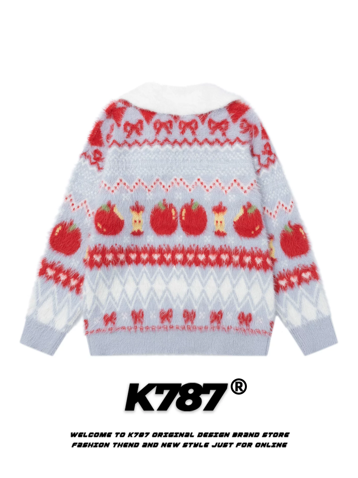 Áo len dệt kim kiểu Mỹ K787 họa tiết quả táo Fair Isle dành cho nữ, áo khoác len dáng rộng đa năng phong cách vintage, thoải mái
