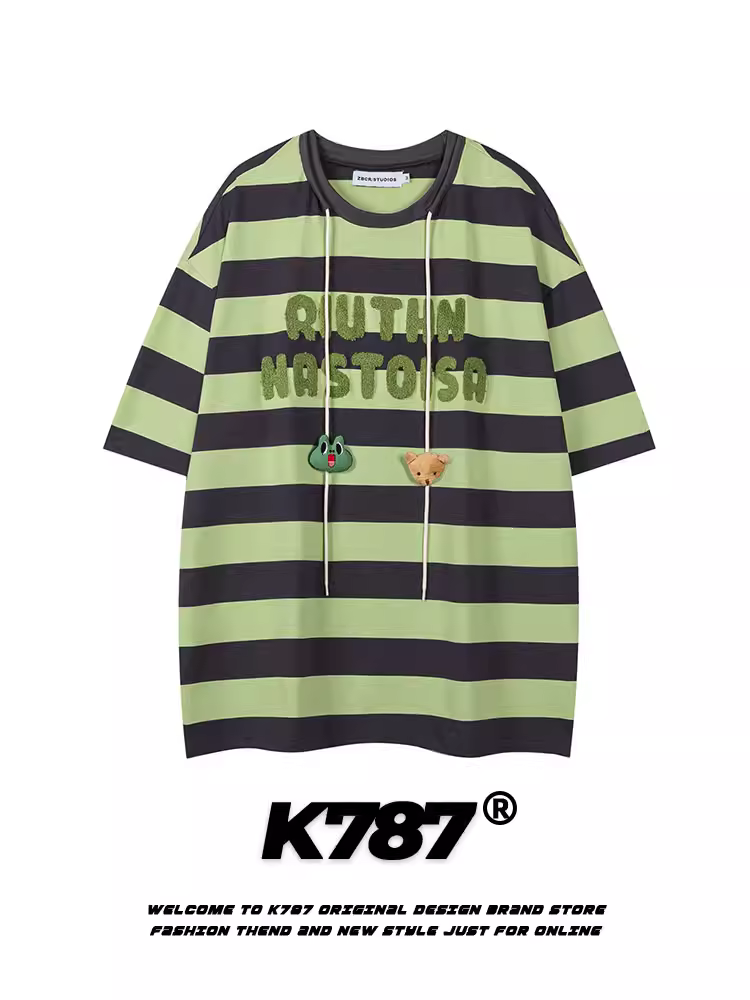 K787 Áo thun ngắn tay thêu họa tiết sọc cổ điển kiểu Mỹ dành cho nam và nữ, trang phục cặp đôi ếch ngộ nghĩnh áo ngắn