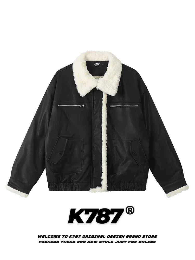 Áo khoác cotton dày dặn phối lông PU cổ lông K787 dành cho nam và nữ, màu trơn, phong cách Mỹ cổ điển, áo khoác mùa đông dành cho cặp đôi