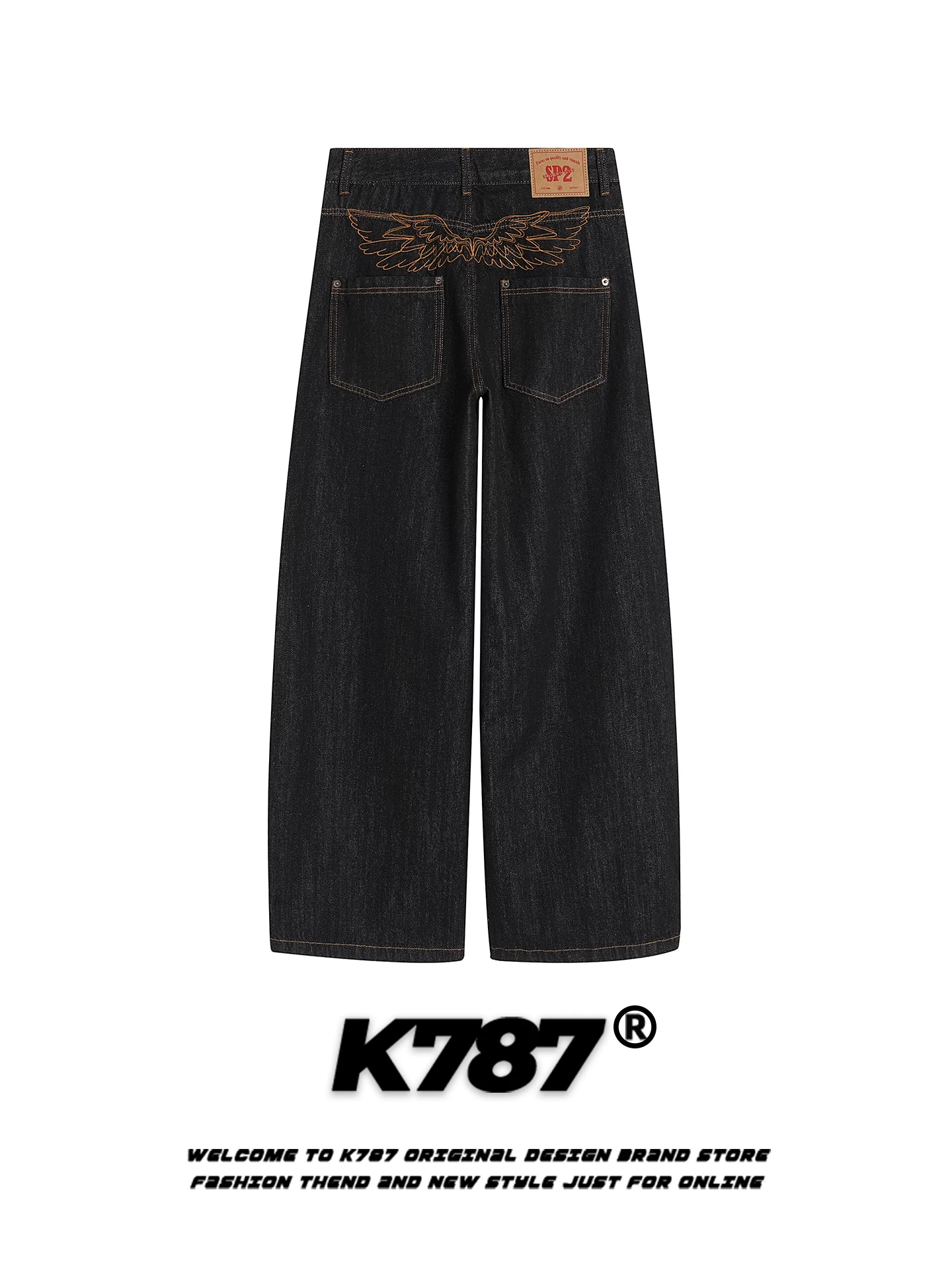 K787 Quần jean màu nguyên bản thêu theo phong cách retro của Mỹ dành cho nam và nữ quần ống đứng dáng rộng đa năng phong cách cổ điển