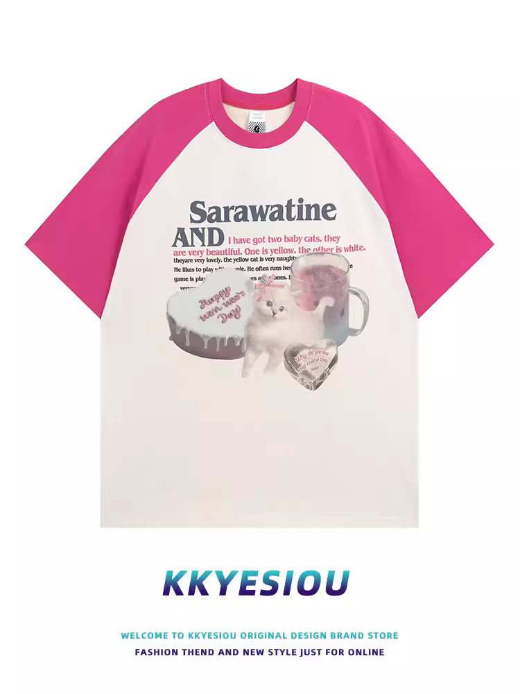 Áo thun ngắn tay màu đỏ hồng kiểu raglan cổ điển của Mỹ KKyesiou dành cho nam và nữ áo đôi cotton nguyên chất cỡ lớn