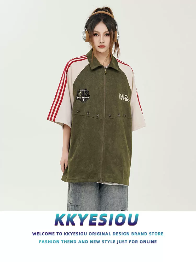 Áo sơ mi ngắn tay kiểu dáng thương hiệu KKyesiou thời thượng, tay raglan ba sọc, unisex, phong cách hip-hop, kiểu học sinh, có khóa kéo