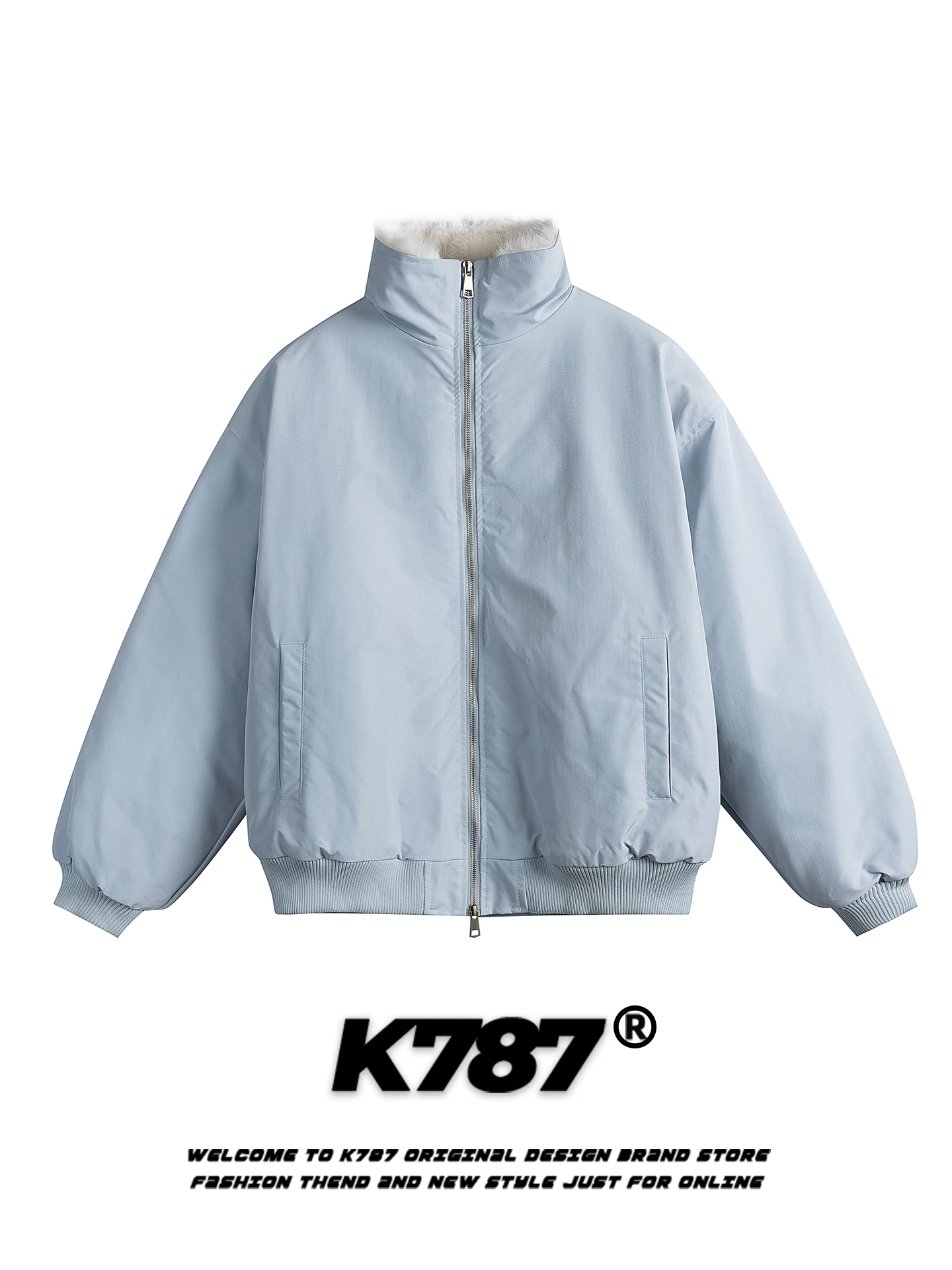Áo khoác cotton cổ đứng dày dặn kiểu Mỹ cổ điển K787 dành cho nam và nữ, thiết kế màu trơn, dáng rộng, áo khoác cotton đôi.