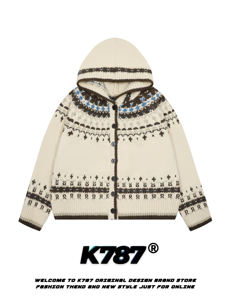 Áo len dệt kim có mũ trùm đầu phong cách dân tộc mùa đông K787 Feynman Island 2024 dành cho nữ, kiểu dáng thanh lịch, áo khoác cardigan mùa đông 2024