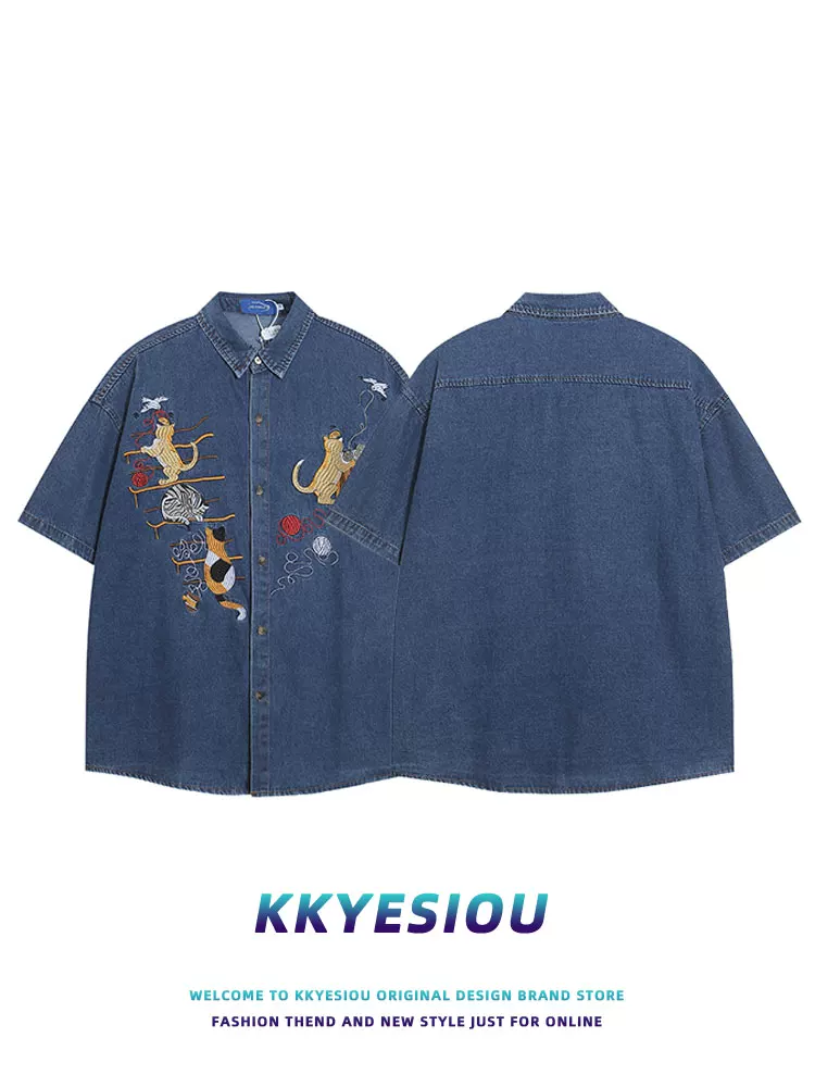 Áo sơ mi ngắn tay thêu hình mèo phong cách thời trang Trung Quốc KKyesiou, unisex, cổ điển, cặp đôi, phong cách y2k, chất liệu denim