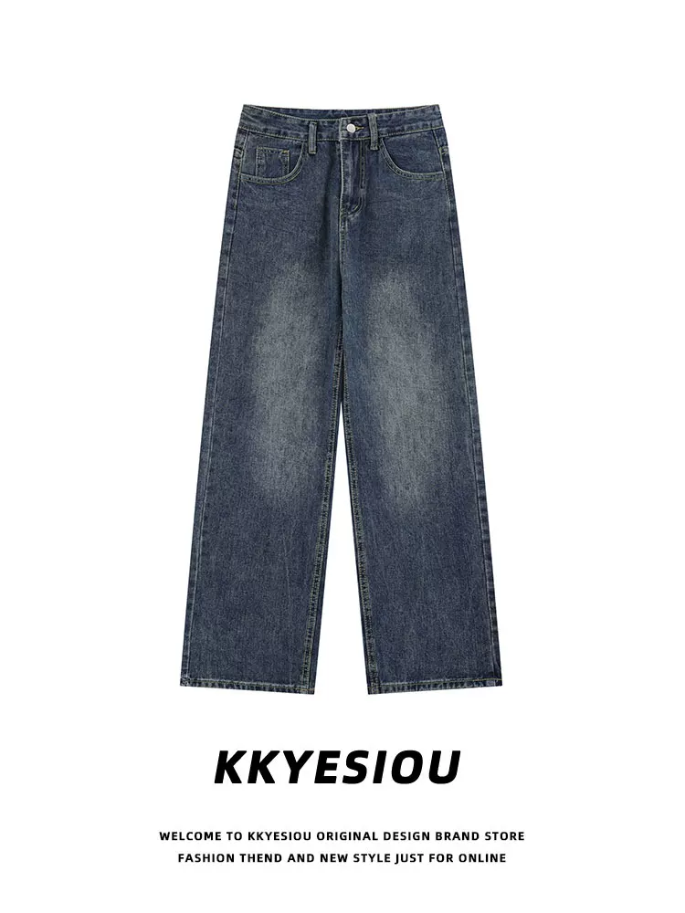 Quần jeans màu vàng đất, kiểu dáng retro Mỹ, thương hiệu KKyesiou, dành cho nam và nữ, cạp cao, phong cách hip-hop, dáng thẳng, chất liệu washed.