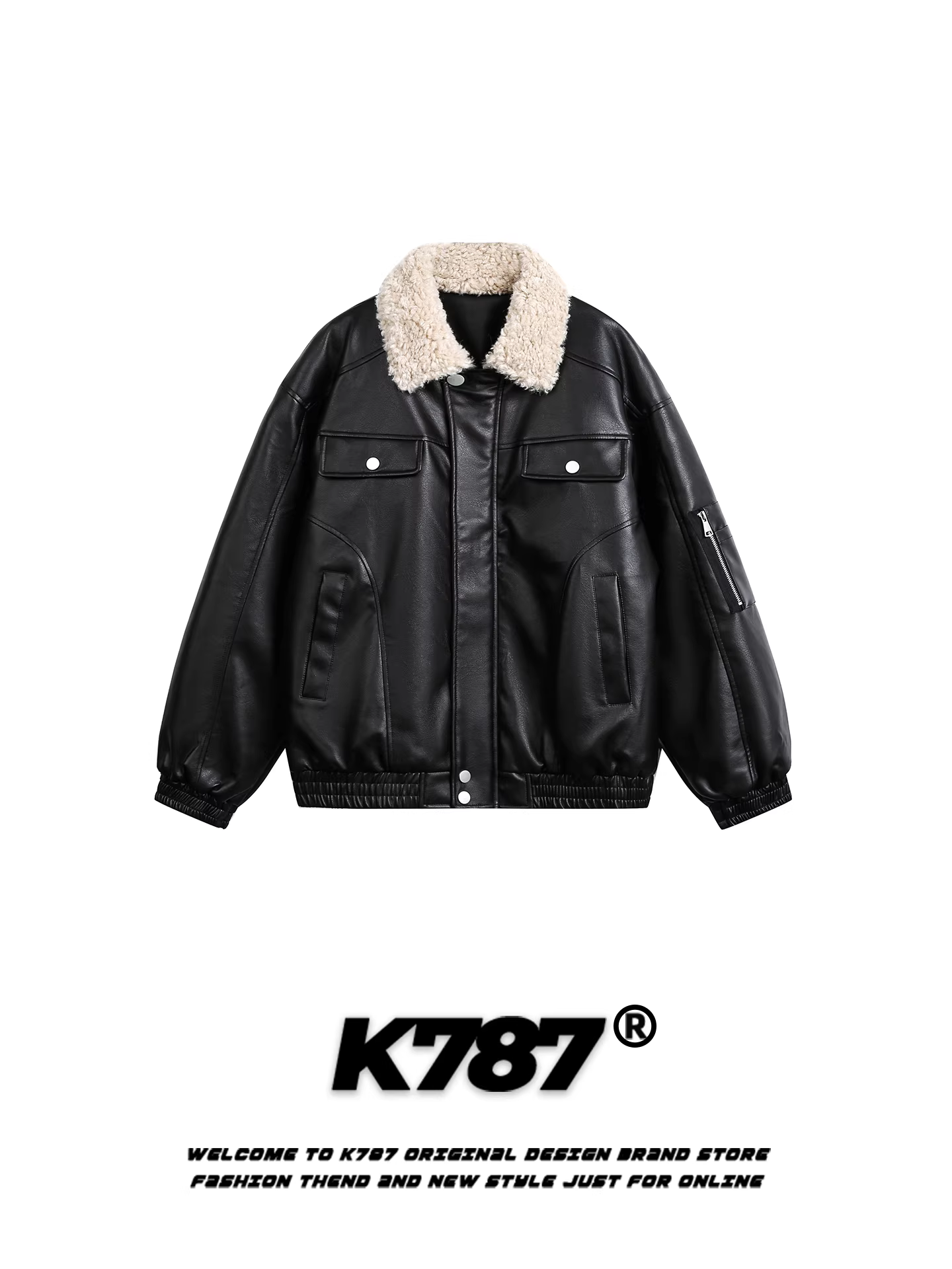 Áo khoác cotton phối len cừu kiểu Mỹ cổ điển K787 dành cho nam và nữ, áo khoác biker dáng rộng chất liệu da PU, áo khoác cotton giữ ấm cho cặp đôi.