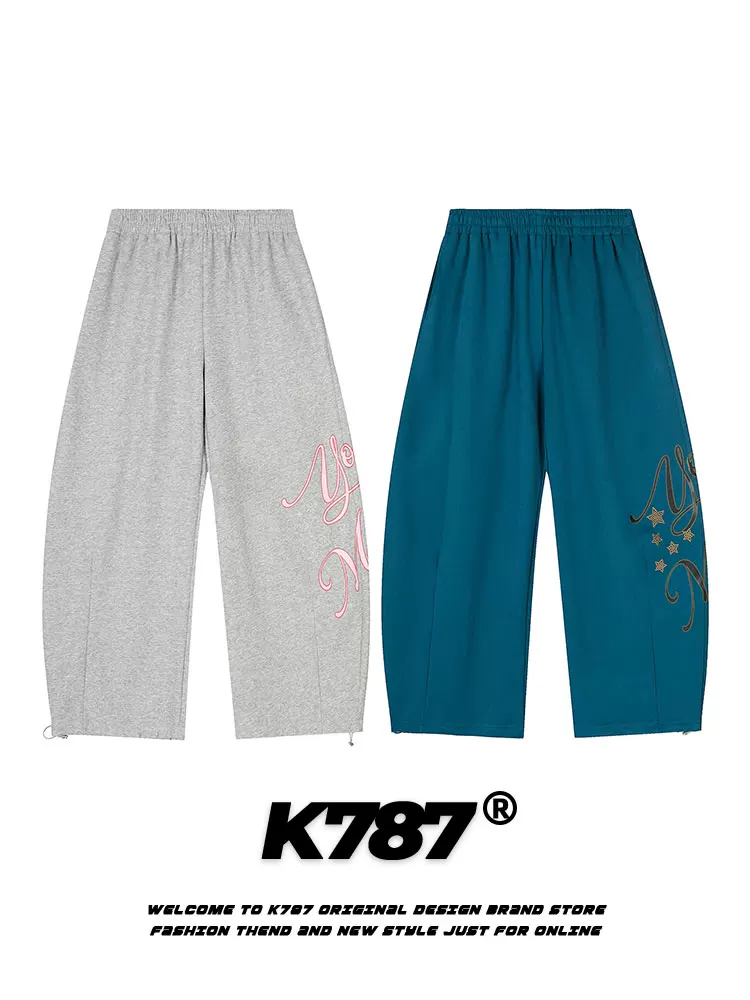Quần thể thao unisex K787 kiểu Mỹ cổ điển, in chữ bên, dáng rộng, cạp cao, phong cách đường phố, khiêu vũ.