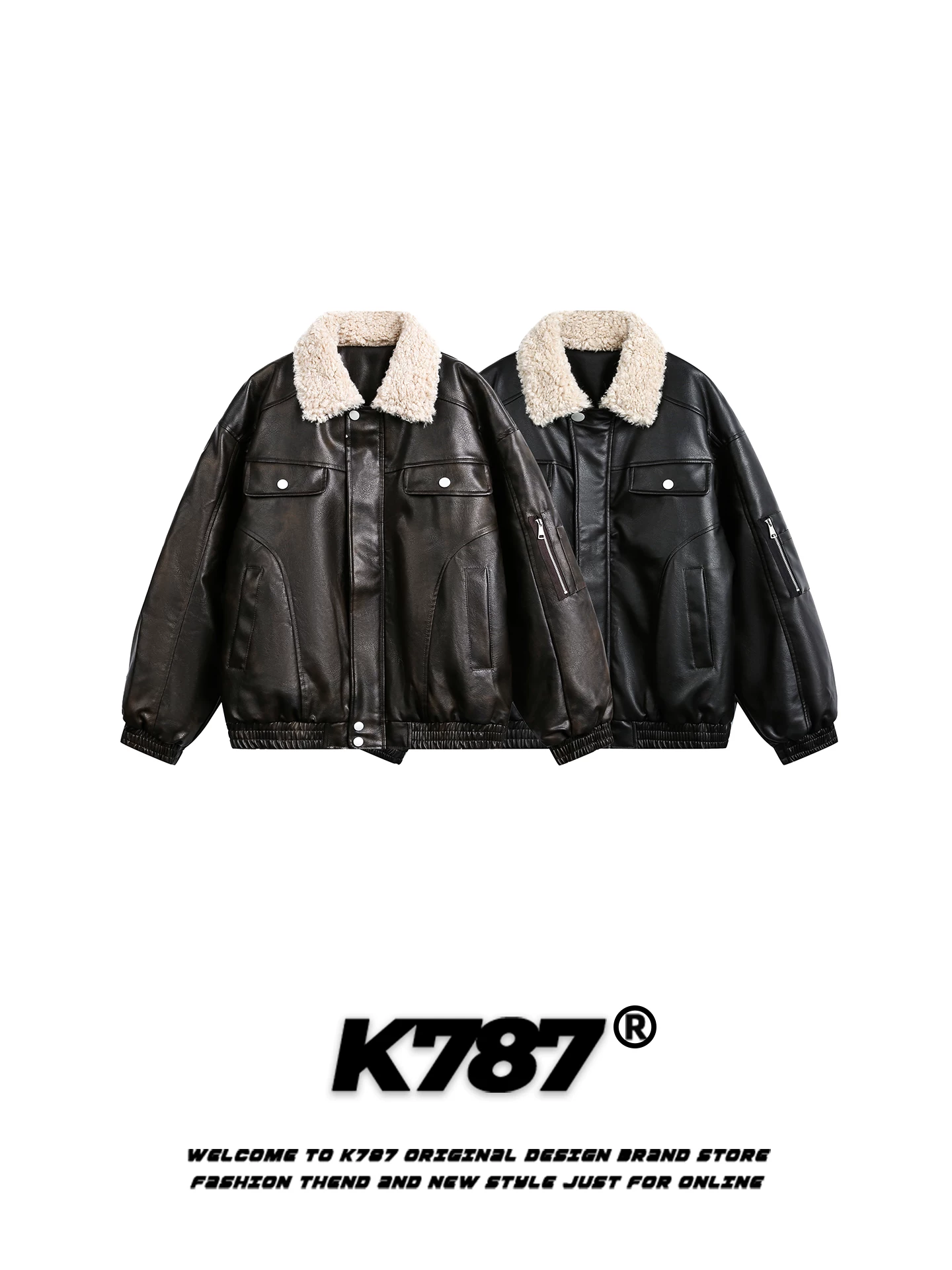 Áo khoác cotton phối len cừu kiểu Mỹ cổ điển K787 dành cho nam và nữ, áo khoác biker dáng rộng chất liệu da PU, áo khoác cotton giữ ấm cho cặp đôi.