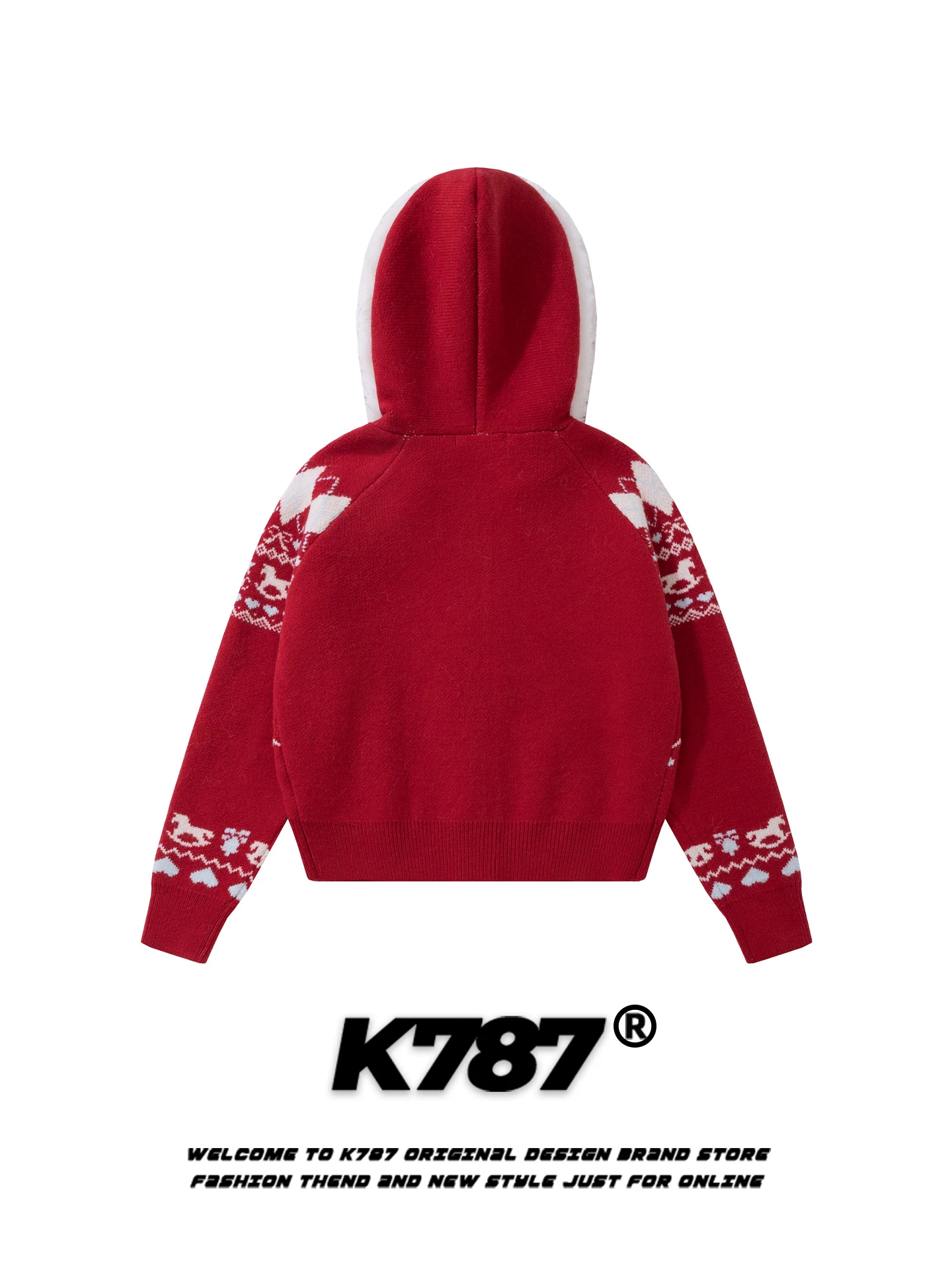 Áo len dệt kim có mũ trùm đầu cổ lông kiểu Fair Isle, phong cách thường ngày Mỹ, dành cho nữ, màu đỏ Giáng sinh, kiểu dáng trẻ trung, áo khoác len ngắn K787