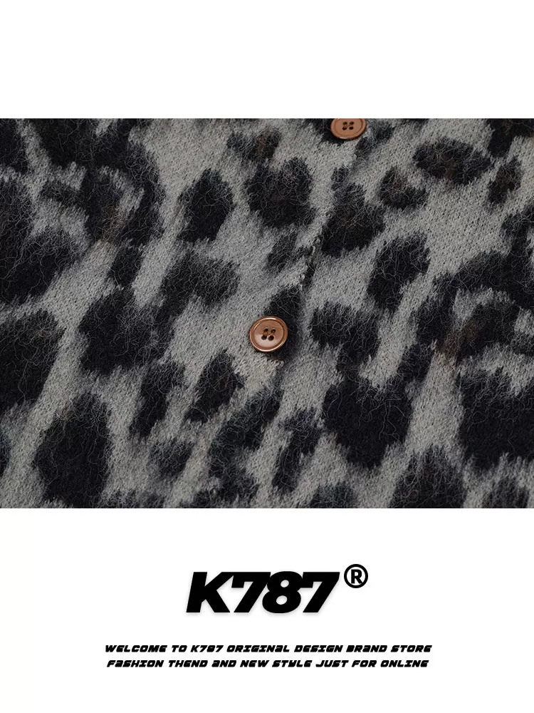 Áo len dệt kim unisex mùa đông kiểu dáng lười biếng họa tiết da báo retro Mỹ K787 chất liệu mohair dành cho cặp đôi