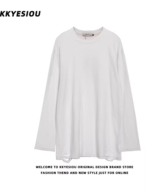 Áo thun dài tay màu trơn kiểu Mỹ cổ điển, thiết kế rách cá tính, unisex, dáng rộng, basic, phong cách y2k