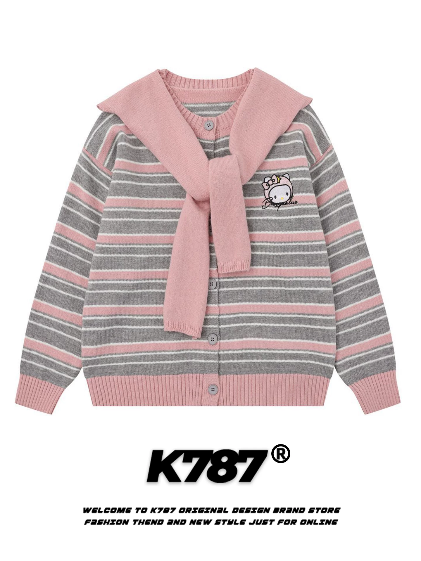 Áo len cardigan kiểu dáng cổ điển Mỹ K787 dành cho nữ, áo len dệt kim sọc rộng rãi, phong cách trường học, thoải mái cho mùa thu.