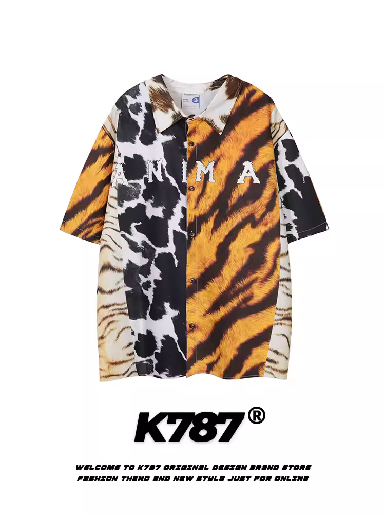K787 Áo sơ mi ngắn tay chắp vá họa tiết da báo cổ điển của Mỹ dành cho nam và nữ, áo nửa tay dáng rộng phong cách hip-hop hợp thời trang