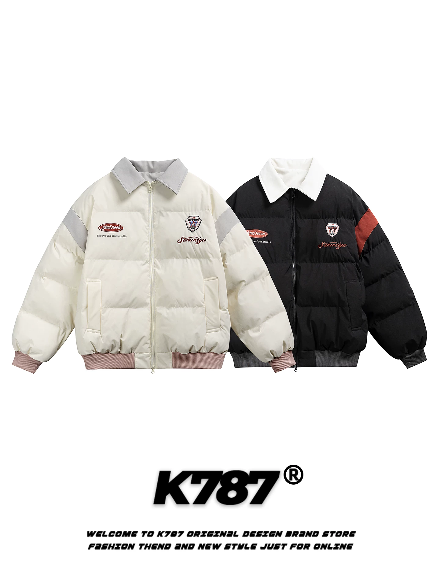 Áo khoác cotton phối màu thêu cổ điển kiểu Mỹ K787 dành cho nam và nữ, dày dặn và ấm áp, áo khoác cotton mùa đông thương hiệu thời thượng.