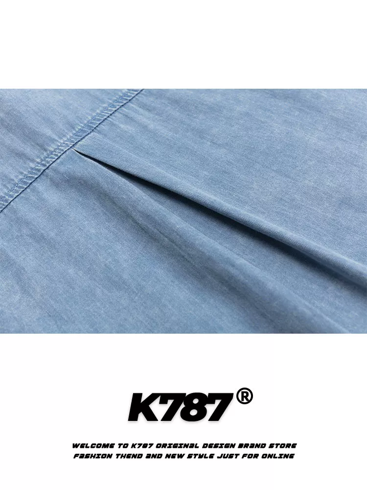 K787 Áo sơ mi denim ngắn tay in chữ cổ điển kiểu Mỹ dành cho nam và nữ áo kiểu dáng rộng cổ điển dành cho cặp đôi