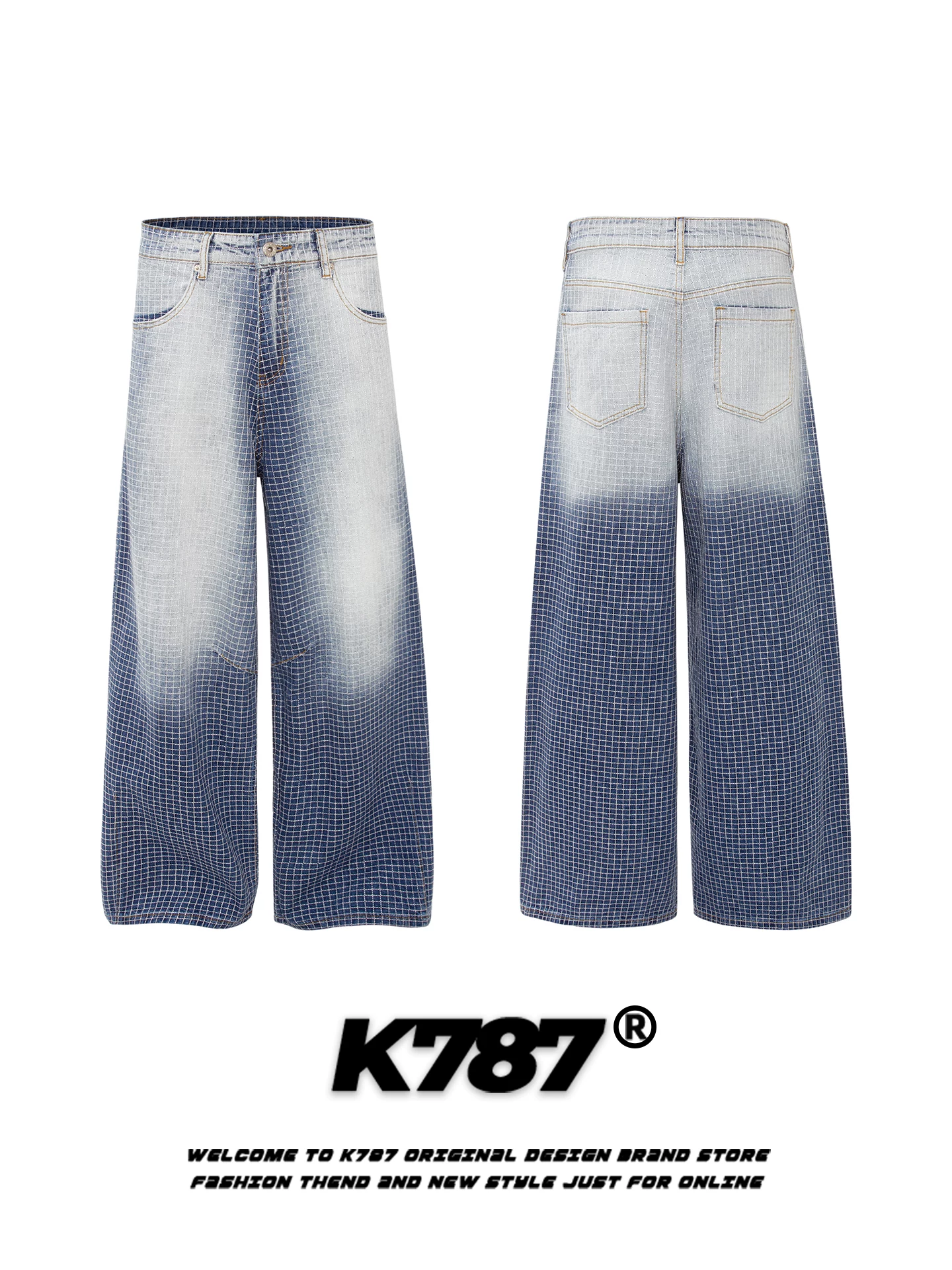 Quần dài unisex kiểu Mỹ cổ điển, phối họa tiết ca rô, phối màu gradient, dáng rộng, xu hướng thời trang, cạp cao, ống thẳng, dài chấm đất, dáng rộng