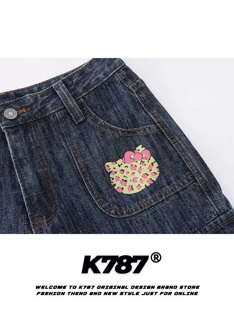 Quần jeans nữ K787 kiểu Mỹ cổ điển Hello Kitty, cạp cao, nhiều túi, cạp cao, đã qua xử lý làm mềm, đa năng, dáng rộng, ống loe