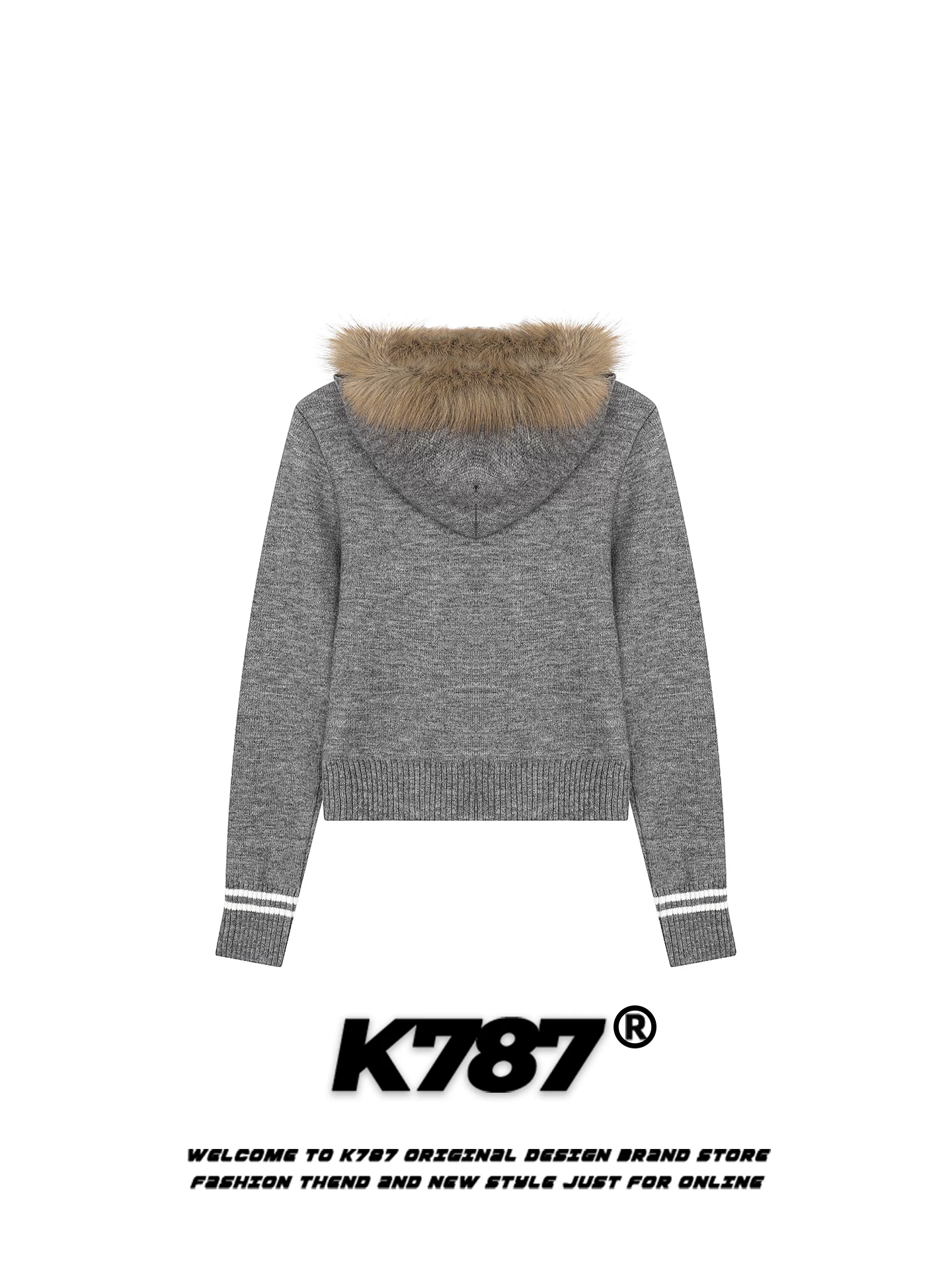 K787 Áo len có mũ trùm đầu có cổ lông lớn kiểu cổ điển của Mỹ dành cho nữ, dáng ôm vừa vặn, phong cách lười biếng, áo len có khóa kéo ấm áp