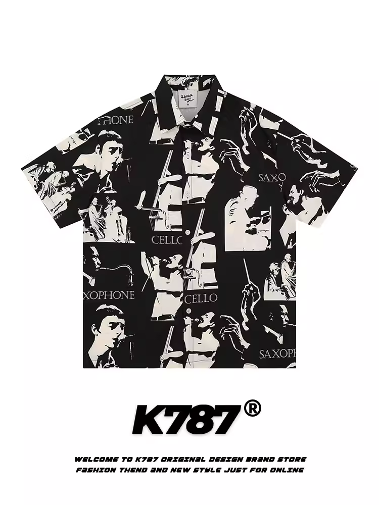 K787 Áo sơ mi ngắn tay dáng rộng in họa tiết cổ điển kiểu Mỹ dành cho nam và nữ áo cardigan nửa tay theo xu hướng quốc gia cổ điển dành cho cặp đôi