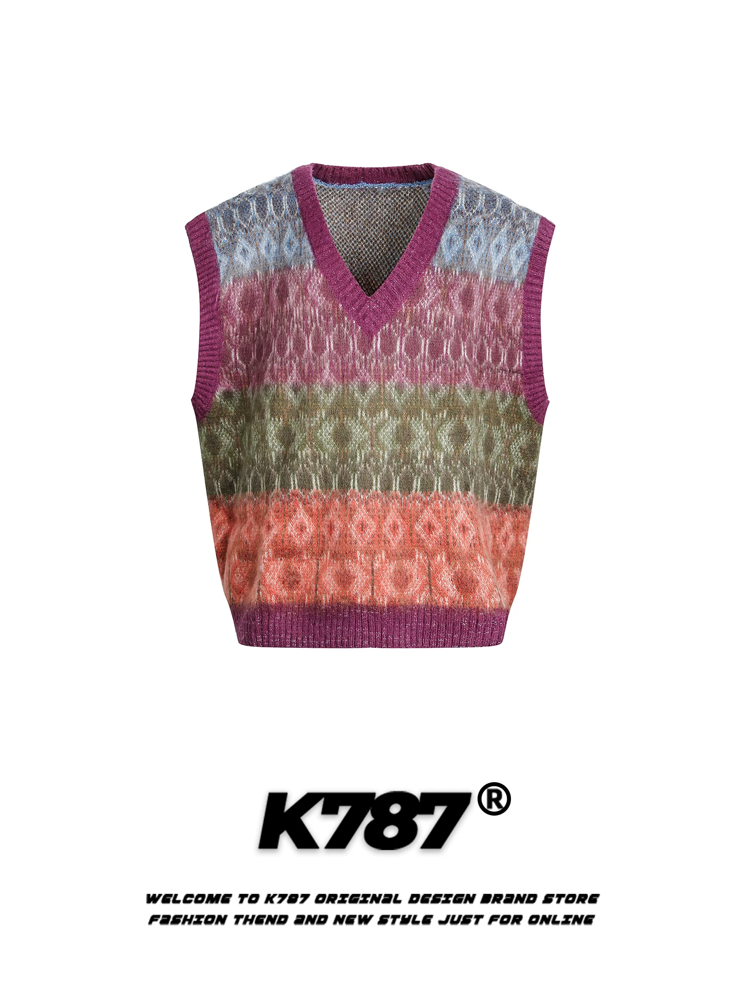 K787 Áo len cổ chữ V màu khối màu theo phong cách retro của Mỹ unisex dáng rộng theo xu hướng quốc gia áo vest dệt kim không tay xếp lớp dành cho cặp đôi