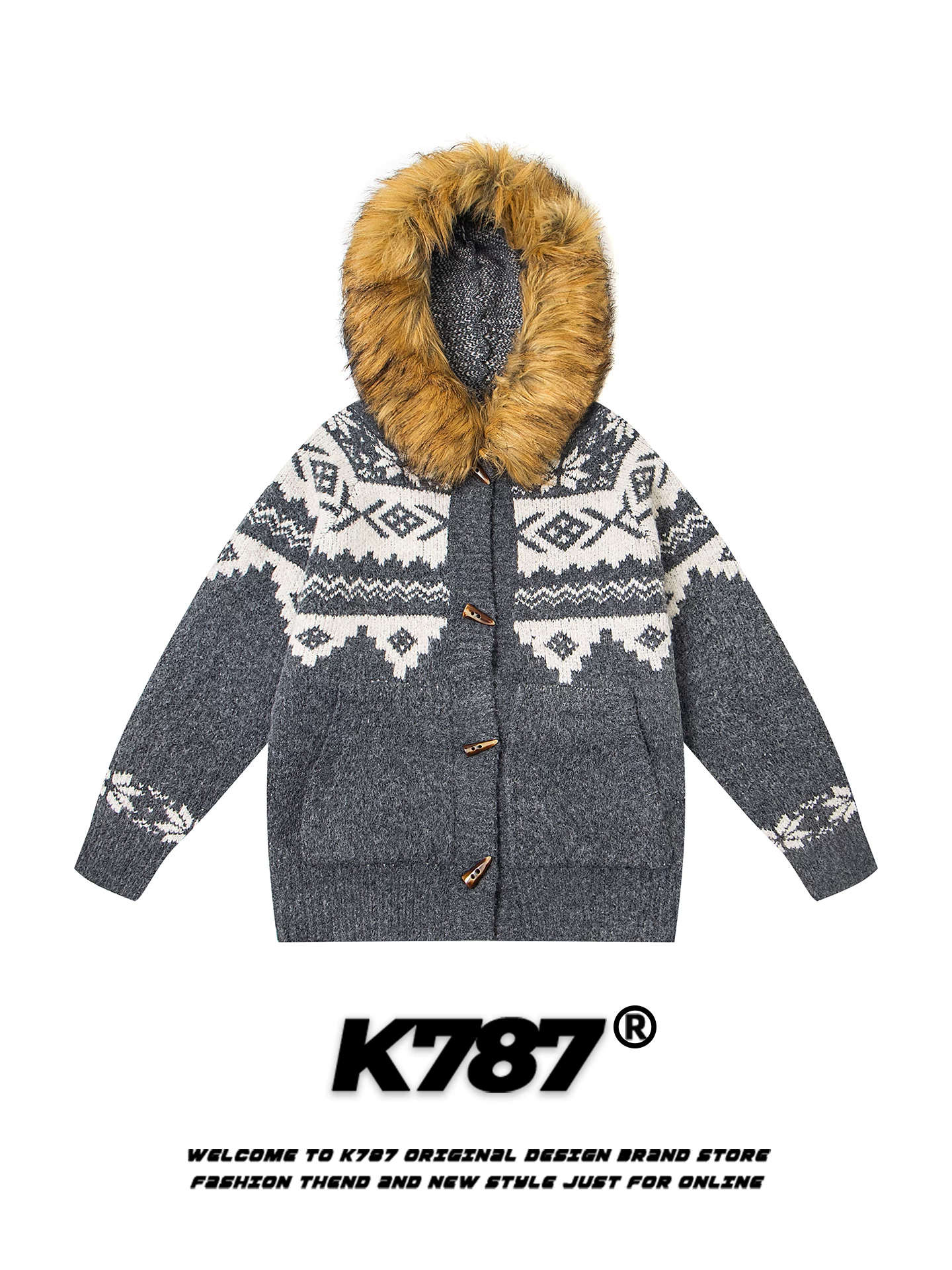 Áo len có mũ trùm đầu cổ lông dệt jacquard kiểu Mỹ cổ điển K787 dành cho nam và nữ, áo khoác cardigan dệt kim phong cách cặp đôi năng động