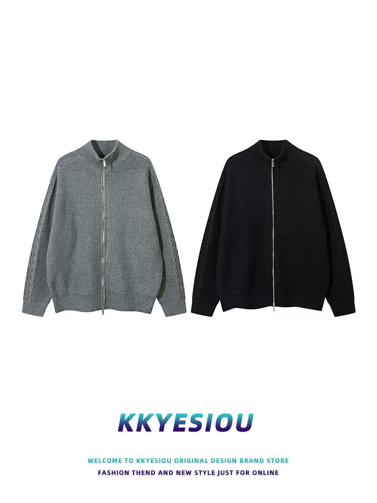 Áo khoác cardigan dệt kim màu trơn kiểu Mỹ cổ điển KKyesiou dành cho nam và nữ, áo len màu xám có khóa kéo phong cách giản dị