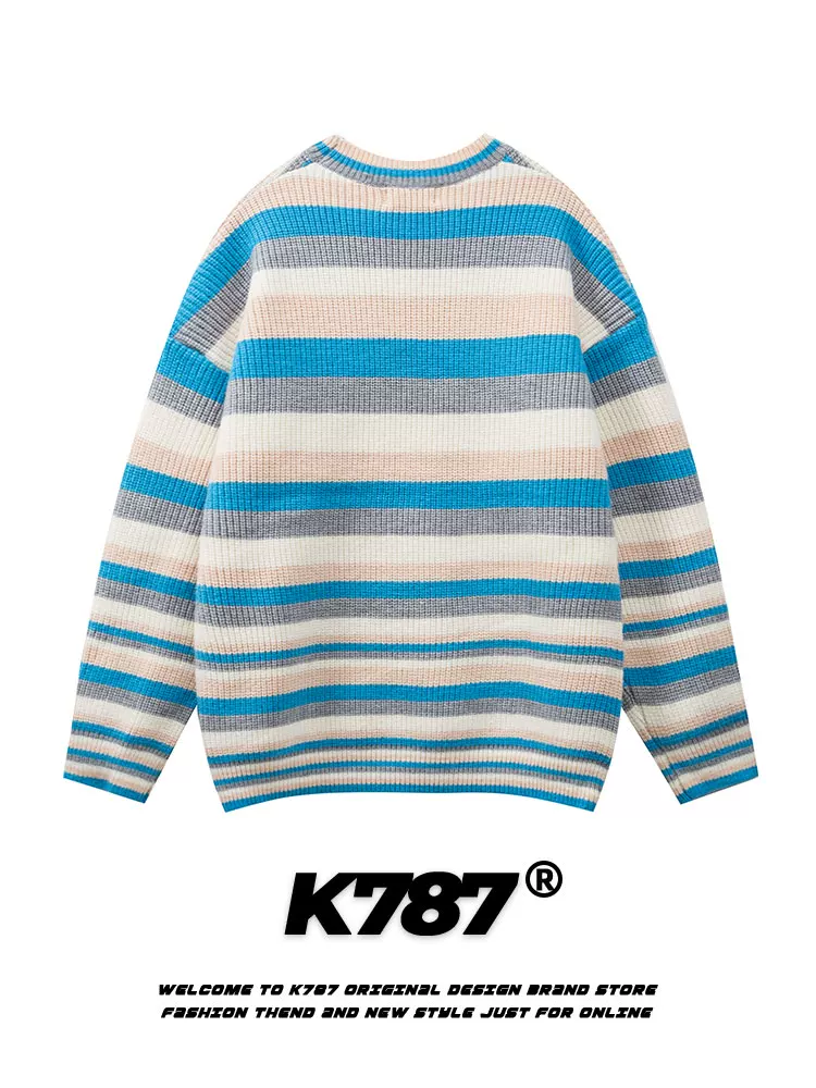 K787 Áo len dệt kim sọc cổ điển kiểu Mỹ áo len unisex áo len in hình đa năng phong cách đại học áo len cặp đôi