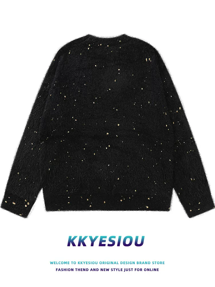 Áo len dệt kim đen đính sequin kiểu dáng lười KKyesiou dành cho nam và nữ, mùa thu 2024, phong cách đường phố Mỹ, áo len đôi