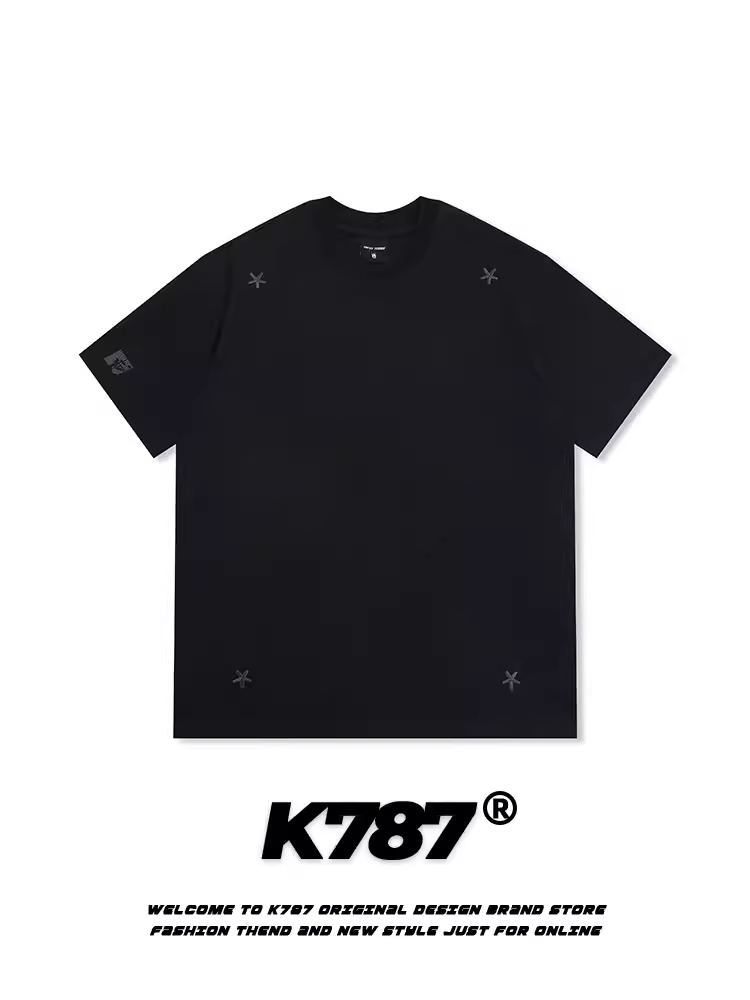 K787 Áo thun ngắn tay thêu hình ngôi sao theo phong cách retro của Mỹ dành cho nam và nữ, áo nửa tay dáng rộng, giản dị, đa năng dành cho cặp đôi