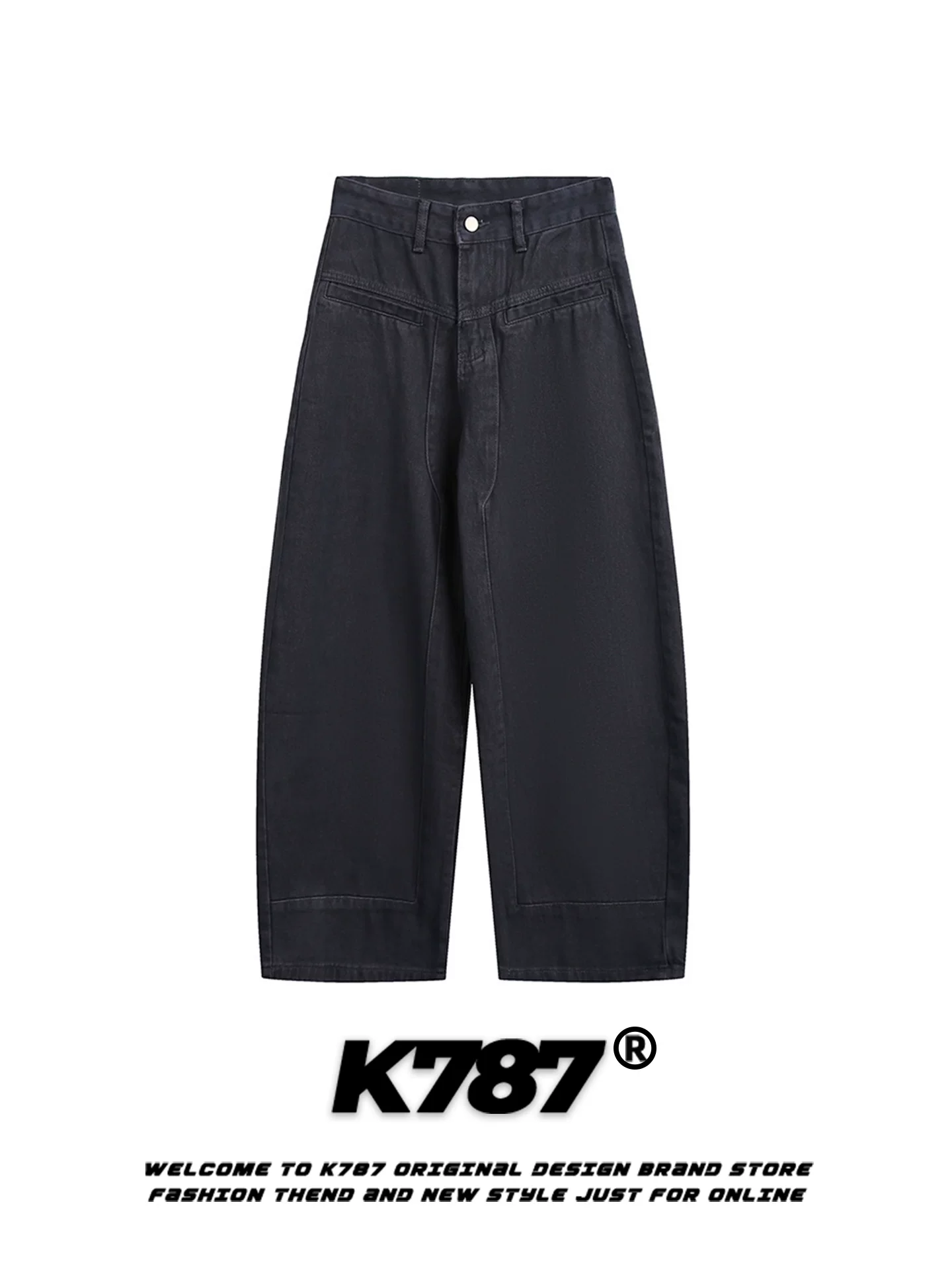 Quần jeans rộng thùng thình kiểu Mỹ cổ điển K787 dành cho nam và nữ, thiết kế màu trơn cạp cao ống rộng kiểu quần lửng nhỏ