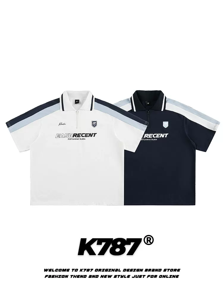 Áo sơ mi POLO phối sọc cổ điển kiểu Mỹ K787 dành cho nam và nữ, phong cách đại học đa năng, dáng rộng, cổ bẻ, áo thun ngắn tay.