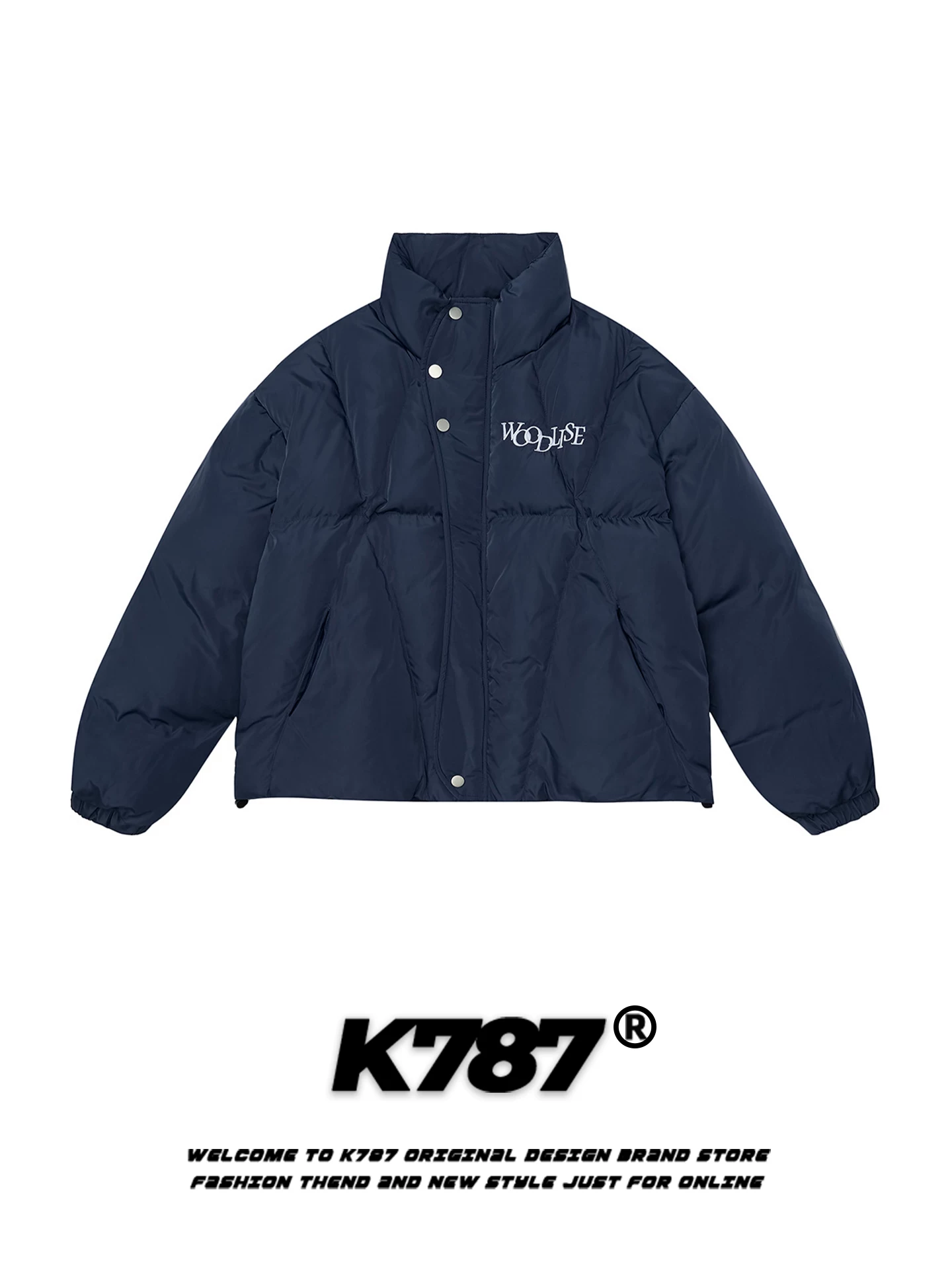 Áo khoác cotton cổ đứng thêu chữ cổ điển Mỹ K787 dành cho nam và nữ, rộng rãi và ấm áp, áo khoác cotton cặp đôi phong cách đại học cho mùa đông.